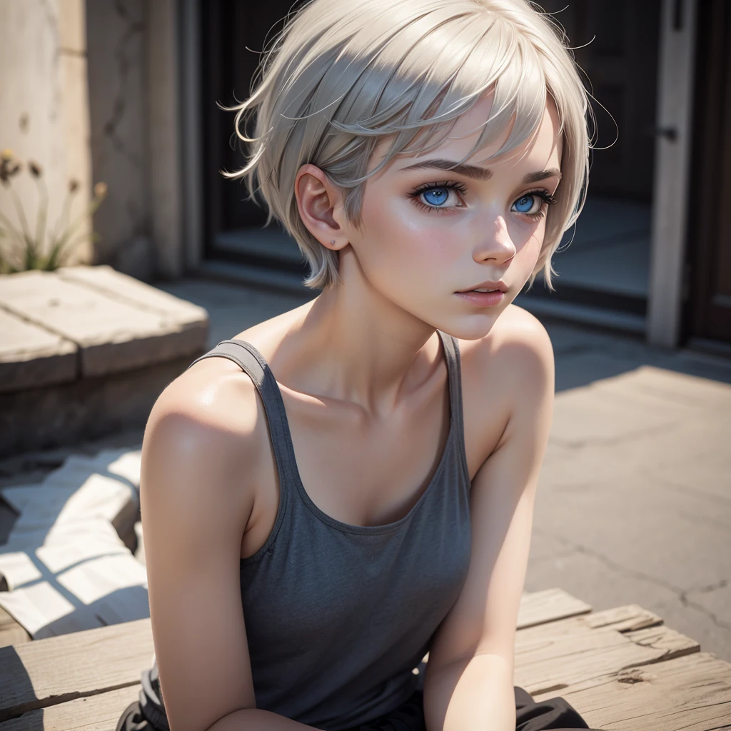 a beautiful young girl, Pixie Cut, silver hair, black tank top leaning forward, eyeshadows, blue eyes, dramatic lighting park, (art by Adrian Tomine Agnes Cecile)