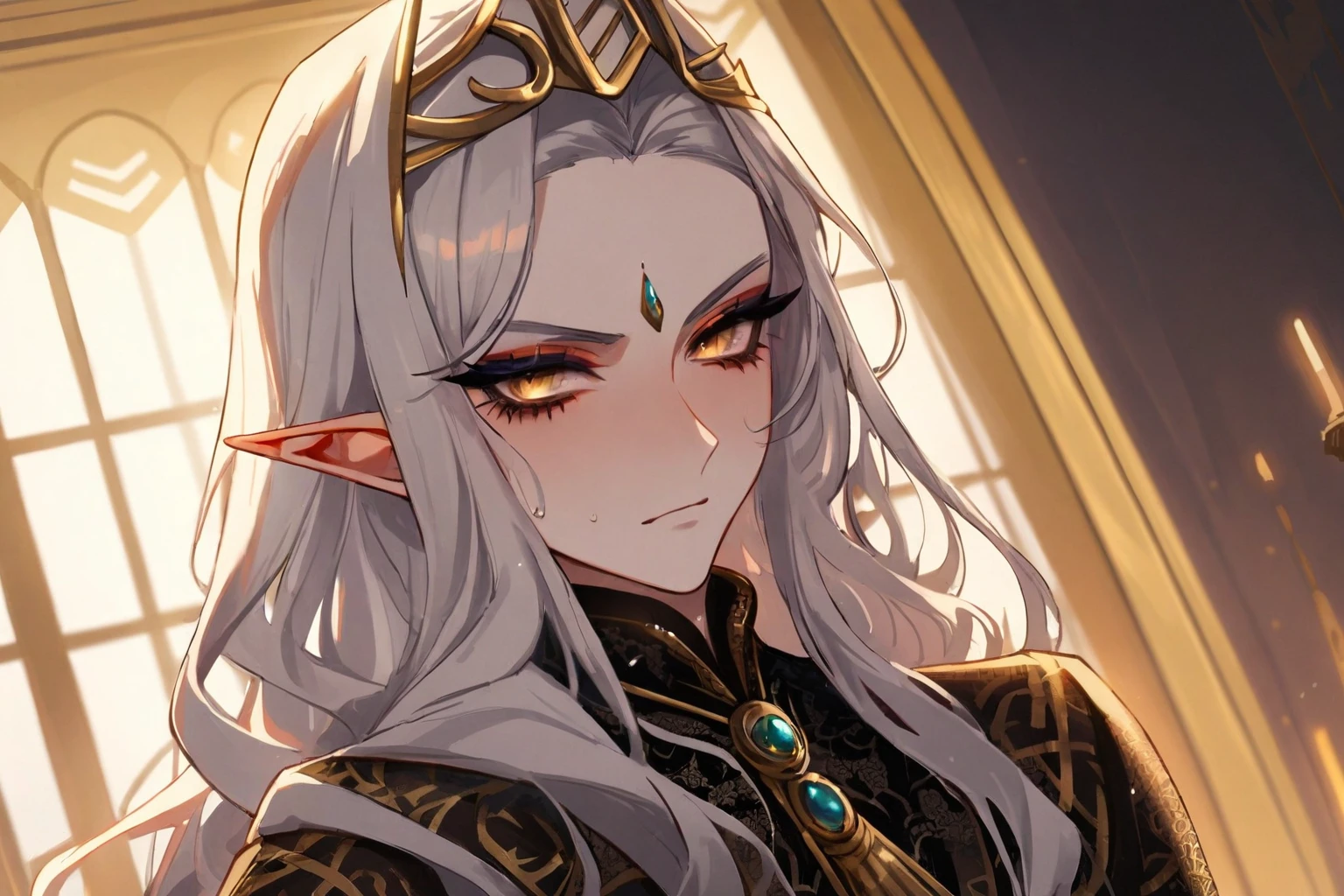 (yellow skin 1.8), (deep yellow skin), (bespectacled), (elegant eyeglasses), (masterpiece),(highest quality),highres, (extremely detailed), ultrahires, dunmer, altmer, pretty boy, anime guy, anime boy, dollish eyelashes, long wavy hair, portrait, matador, delicate lace, richly patterned brocade, smoky eyes, egyptian eyeliner, ostentatious brocade robes, glamorous, gorgeous, stunning eyes, jewelry, veils, golden skin, dewy skin, bjd, glossy eyelids, wet eyeshadow, vibrant, pointy chin, v shaped jaw, domineering, proud, slender, high elf, curly hair,