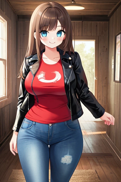 A Cute Girl, Very Curvy, ((Long, Lush, Brunette Hair)), ((Big, Beautiful, Blue Eyes)), ((Black Leather Jacket)), Red Shirt, ((Heavily Worn, Jeans)), Cute Smile, inside a modern house,