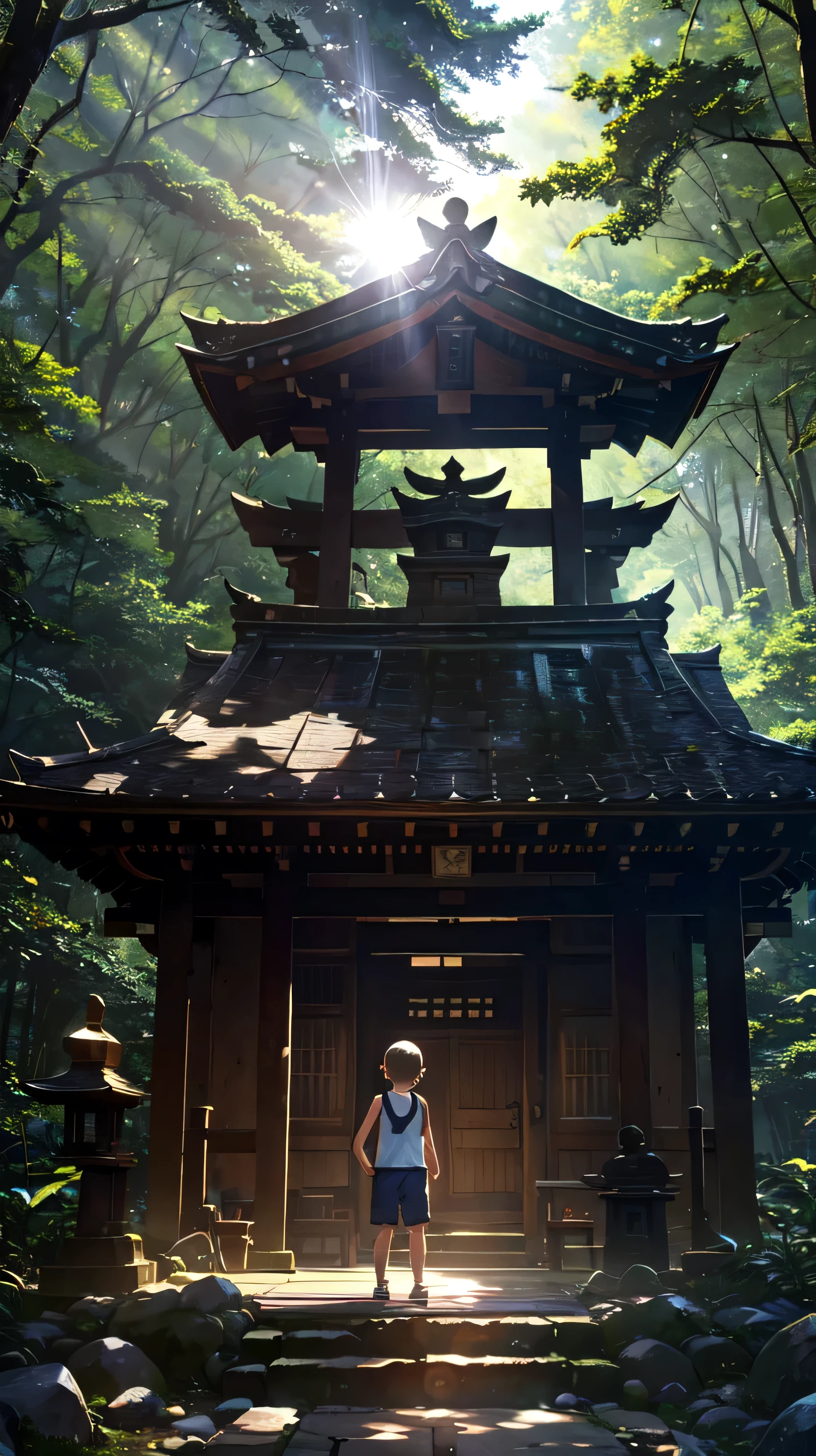 An old shrine in the mountains, sunlight filtering through the trees, and a ，Praying, shorts and a tank top,