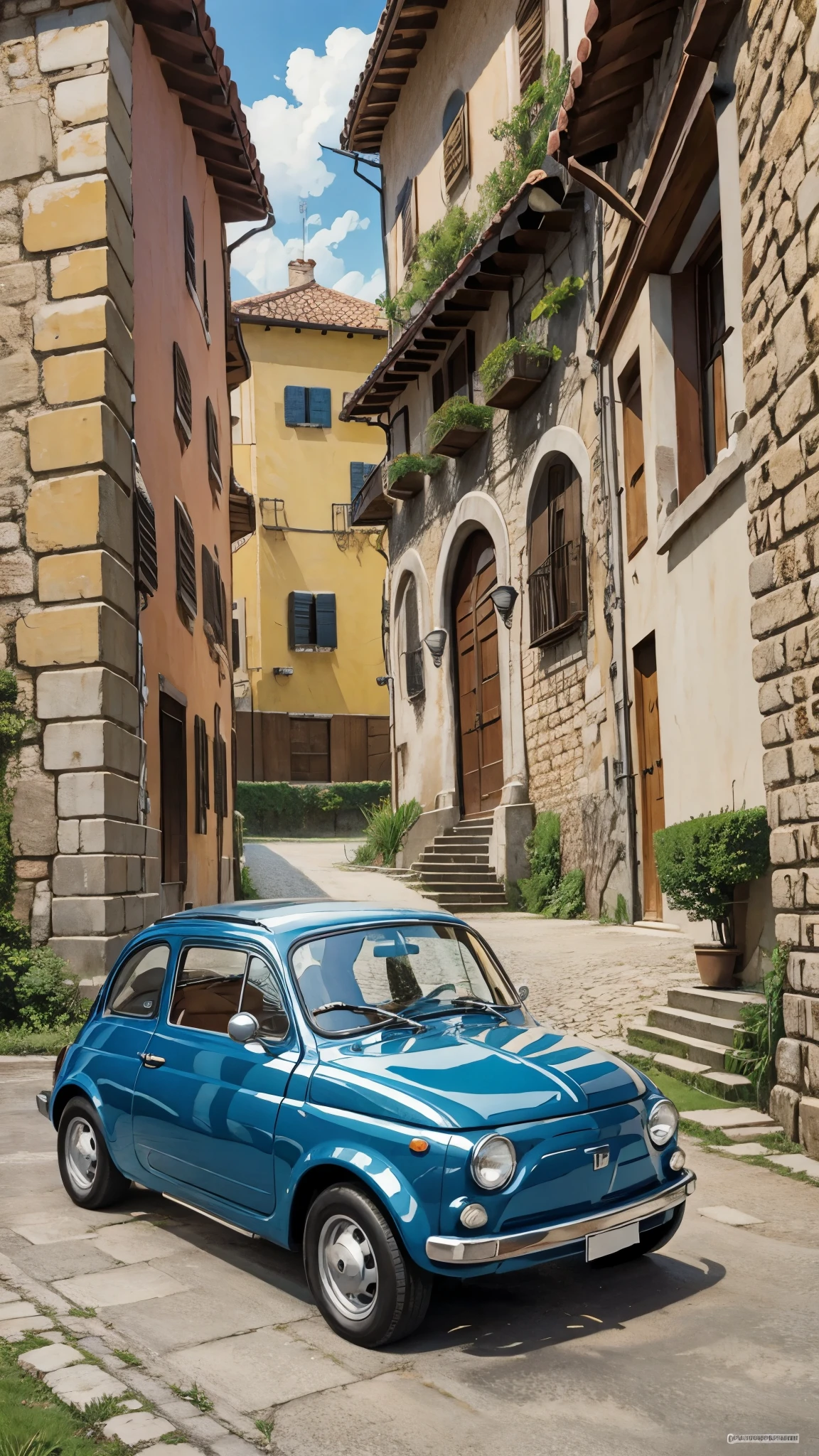 (masterpiece:1.2, Highest quality),(Very detailed),(((Anime Style))),8k,wallpaper,Fiat 500,Run,Castle of Cagliostro,blue sky,(((Ghibli style)))