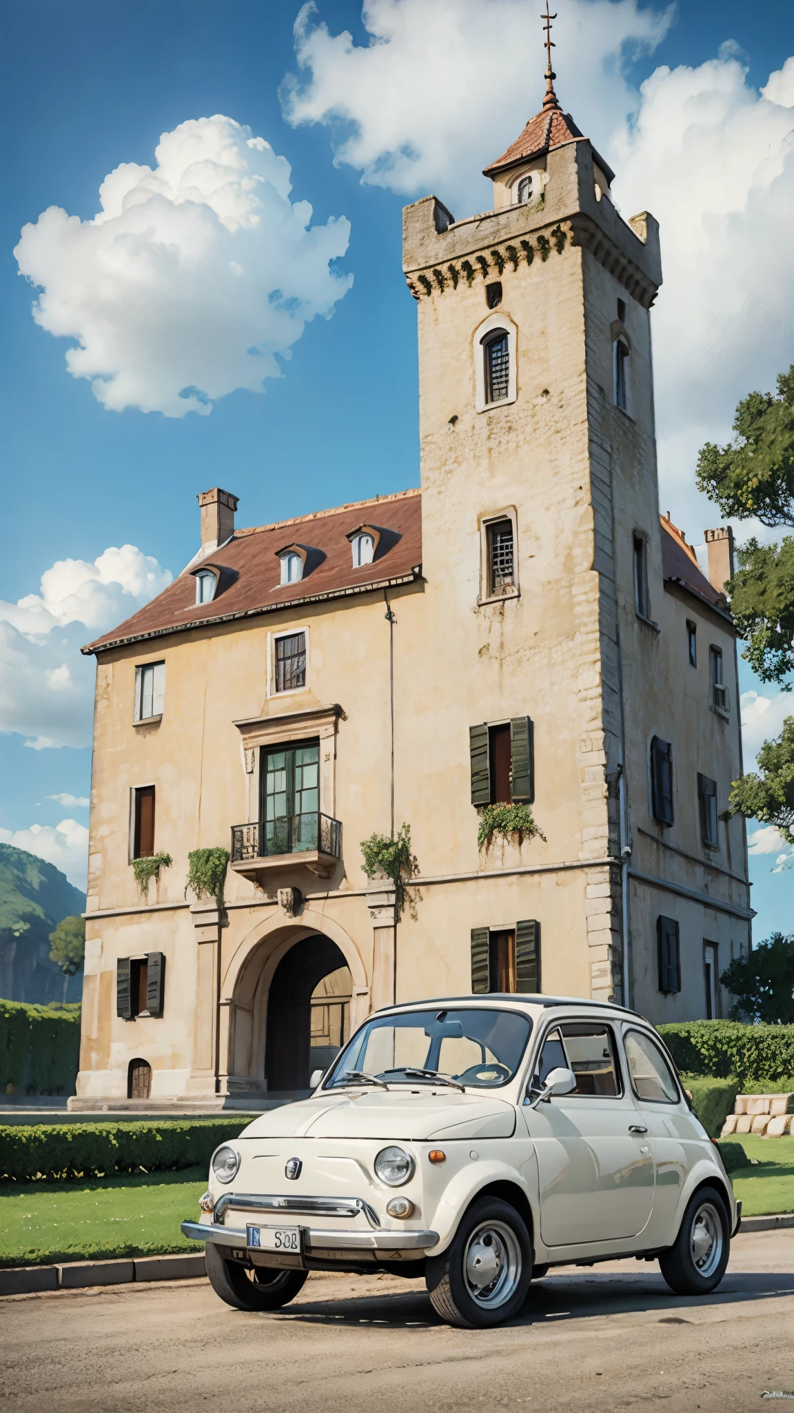 (masterpiece:1.2, Highest quality),(Very detailed),(((Anime Style))),8k,wallpaper,Fiat 500,Run,Castle of Cagliostro,blue sky,(((Ghibli style)))