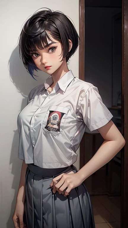 1 woman, , ((buzz pixie haircut)), black eyes, Indonesian high-school uniform, white shirt, osis logo on shirt pocket, medium breasts, grey pleated skirt, half-shot, innocent look