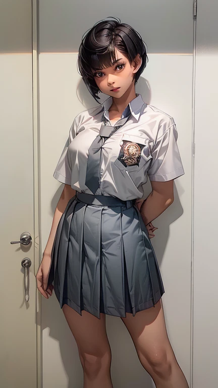 1 woman, , ((buzz pixie haircut)), black eyes, Indonesian high-school uniform, white shirt, osis logo on shirt pocket, medium breasts, grey pleated skirt, half-shot, innocent look