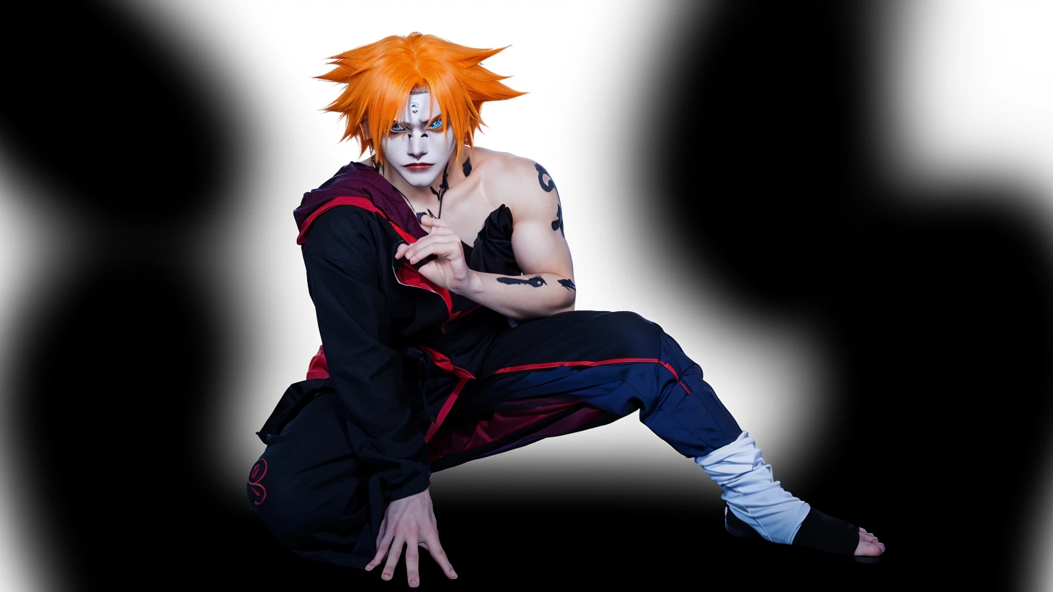 Anime Characters with orange hair sitting on a black surface, joker as Naruto, pain from Naruto, Anime role playing, Ichigo kurosaki, Ichigo, Cosplay Photos, Anime Characters; Full body art, joker looks like Naruto, Xiaoming, Professional role playing, full-cosplay, from Naruto, Naruto uzumaki, Naruto artstyle, Naruto, Anime Characters ,Background Ultra HD,Surreal,There are wooden houses collapsed around,There are stones around the foundation