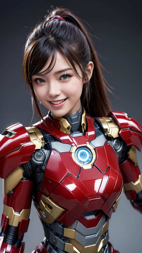 Textured skin, Super Detail, high details, High quality, Best Quality, hight resolution, 1080p, hard disk, Beautiful,(Iron Girl),Beautiful Smile,beautiful cyborg woman,Mecha Cyborg Girl,Battle Mode,Girl with a Mecha Body,She wears an Iron Man mech,powerful cyborg woman,