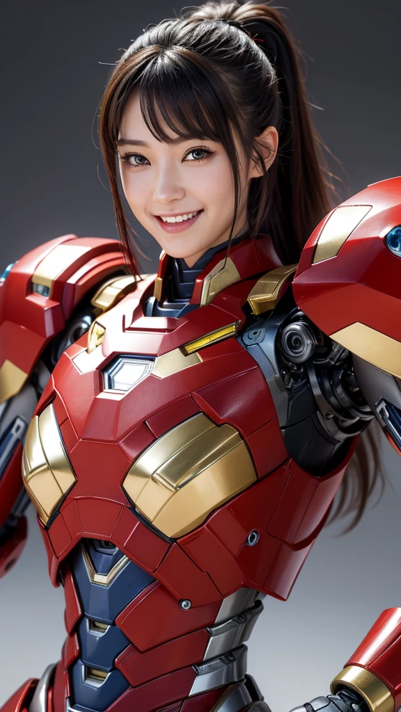 Textured skin, Super Detail, high details, High quality, Best Quality, hight resolution, 1080p, hard disk, Beautiful,(Iron Girl),Beautiful Smile,beautiful cyborg woman,Mecha Cyborg Girl,Battle Mode,Girl with a Mecha Body,She wears an Iron Man mech,powerful cyborg woman,