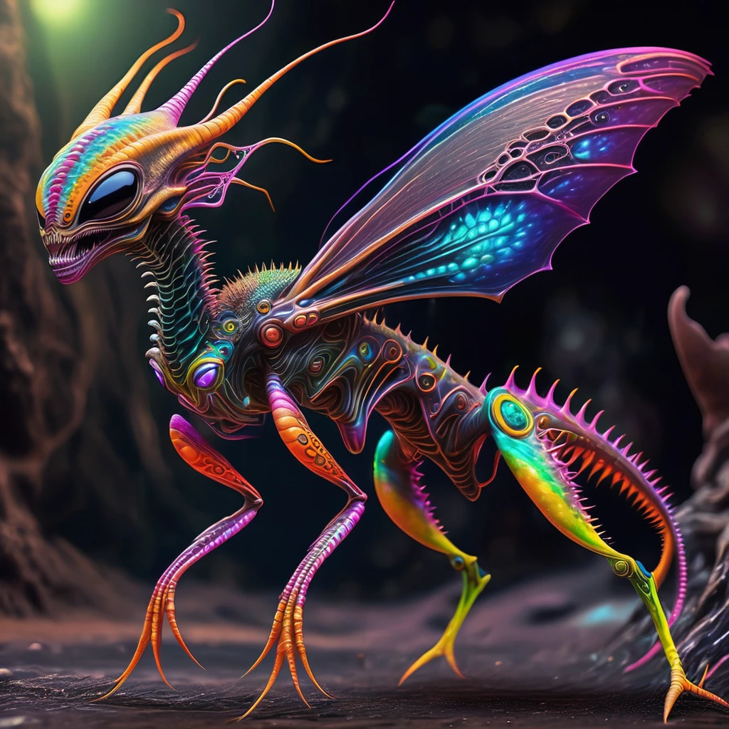 a small bizarre and strange looking brightly coloured alien. Showing the entire, highly detailed body from the side. The entire picture is full of details.  Strange alien landscapes in the background. Big detailed wings and sharp teeth and fangs. a sharp abdominal stinger. tentacles and antennas and multiple eyes. long spiky legs. Scaley segmented body.  Hypnotic and telepathic and psychedelic looking. 