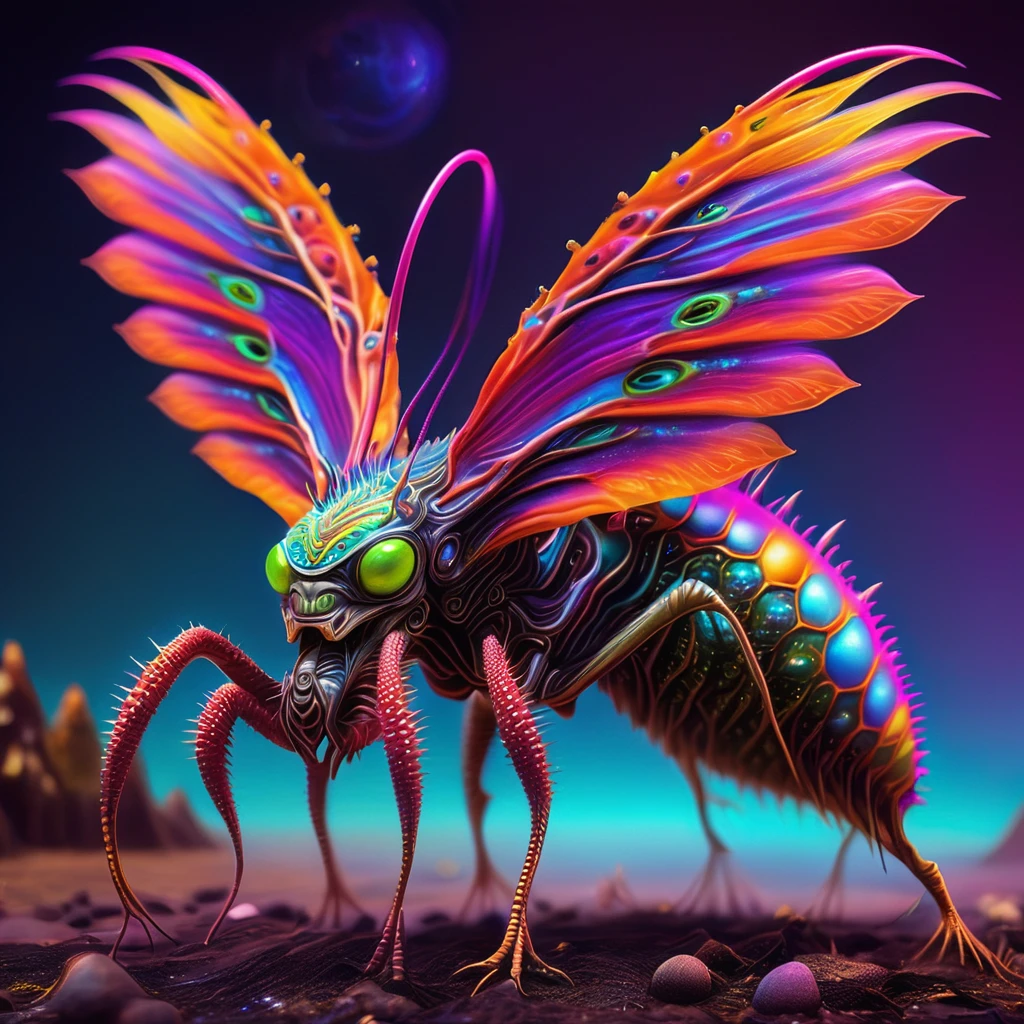 a small bizarre and strange looking brightly coloured alien. Showing the entire, highly detailed body from the side. The entire picture is full of details.  Strange alien landscapes in the background. Big detailed wings and sharp teeth and fangs. a sharp abdominal stinger. tentacles and antennas and multiple eyes. long spiky legs. Scaley segmented body.  Hypnotic and telepathic and psychedelic looking. 