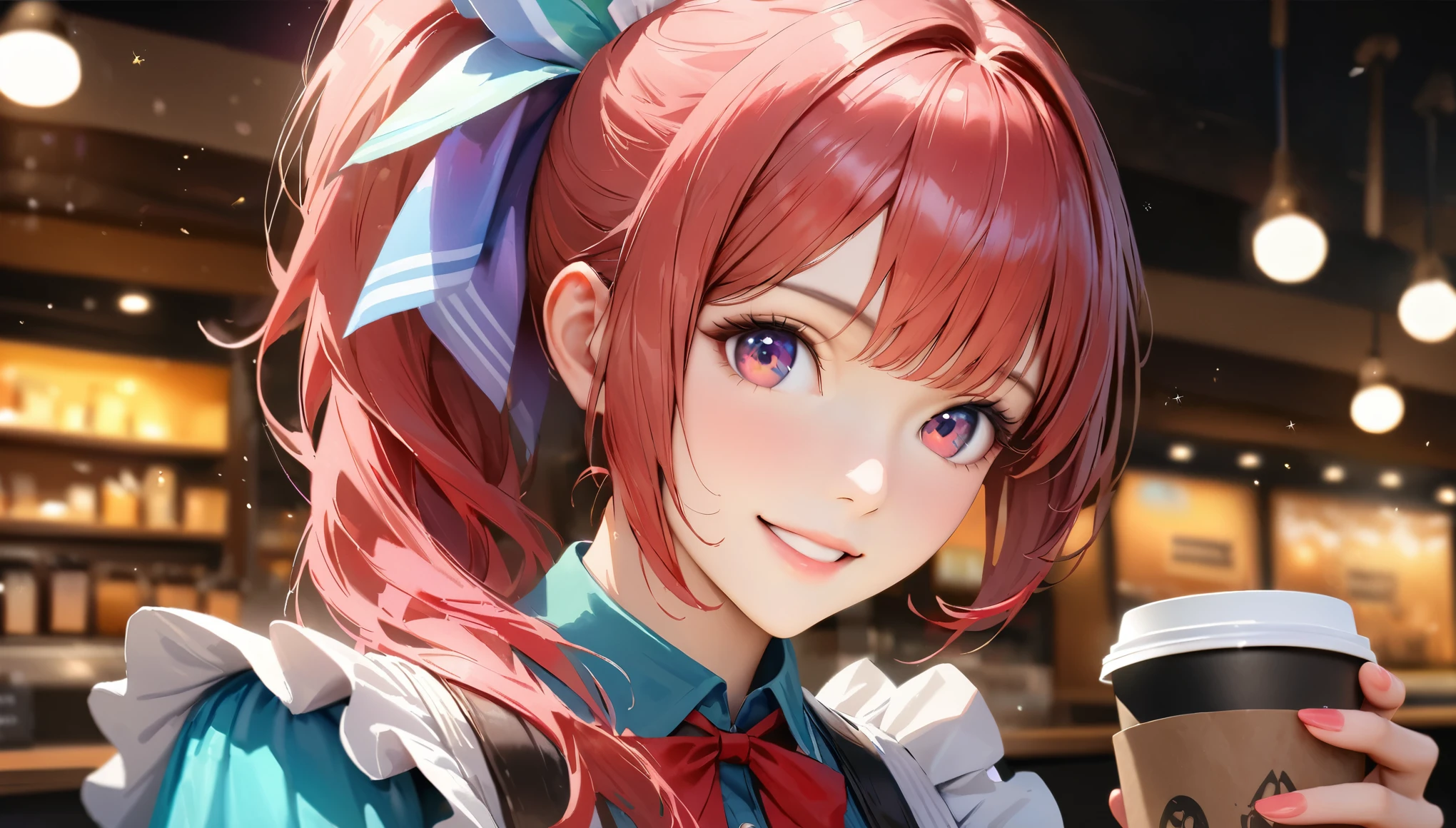 Coffee shop, Maid clothes,Carrying a coffee cup,Blur the background,High school girls,ponytail,smile,Glitter effect,Highest quality, 4K, 8k, High resolution, masterpiece:1.2, Very detailed, Realistic:1.37, High resolution, 超High resolution, Ultra-fine painting, Sharp focus, Physically Based Rendering, Very detailedな説明, Professional, Vibrant colors