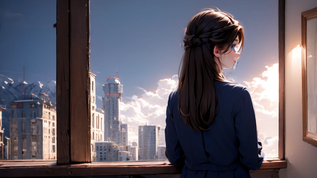 1 girl, medium light brown hair, light blue eyes, wearing black suit, city, absurdres, high res, ultrasharp, 8K, masterpiece, looking from behind