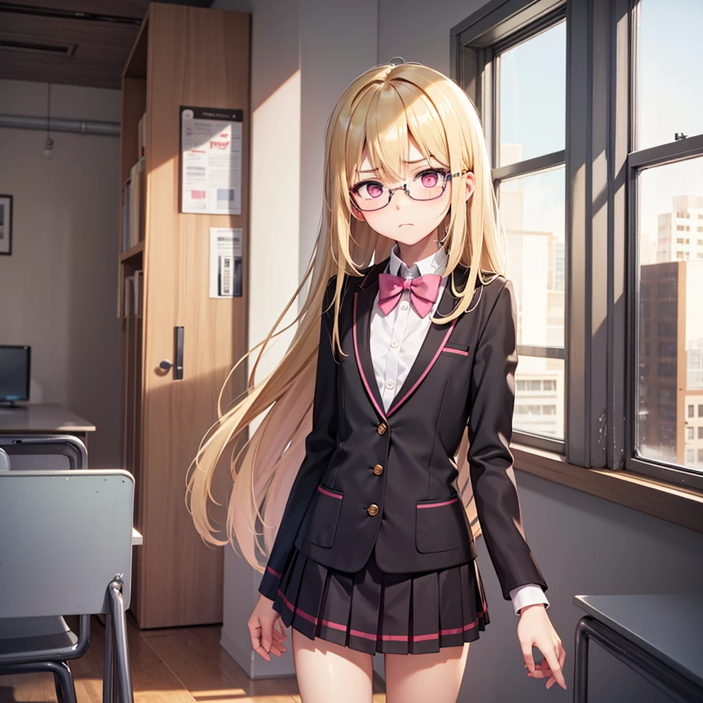 1boy, only one boy, one boy only, frown, blonde hair, pink eyes, looking at the viewer, wearing glasses, , feminine face, alone in school building, stand straight, sad expression, long hair