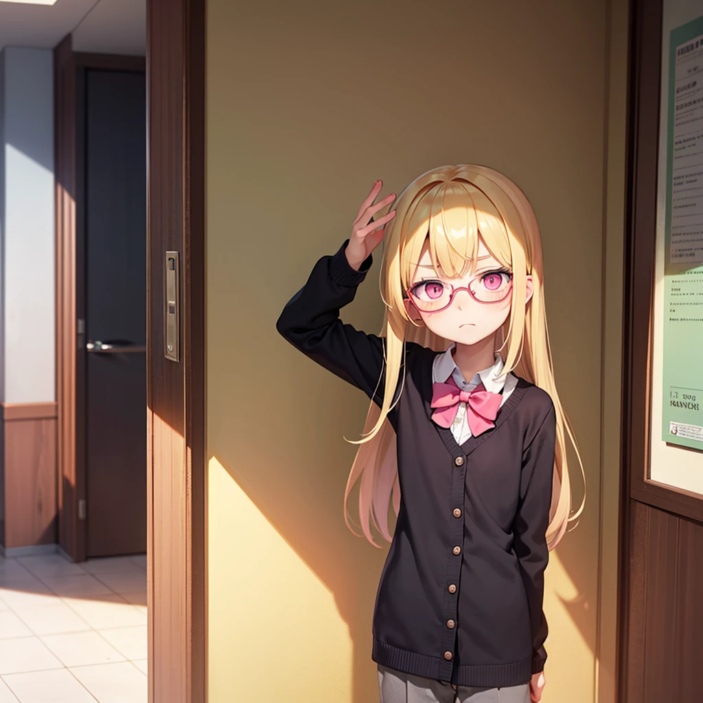 1boy, only one boy, one boy only, frown, blonde hair, pink eyes, looking at the viewer, wearing glasses, , feminine face, alone in school building, stand straight, sad expression, long hair