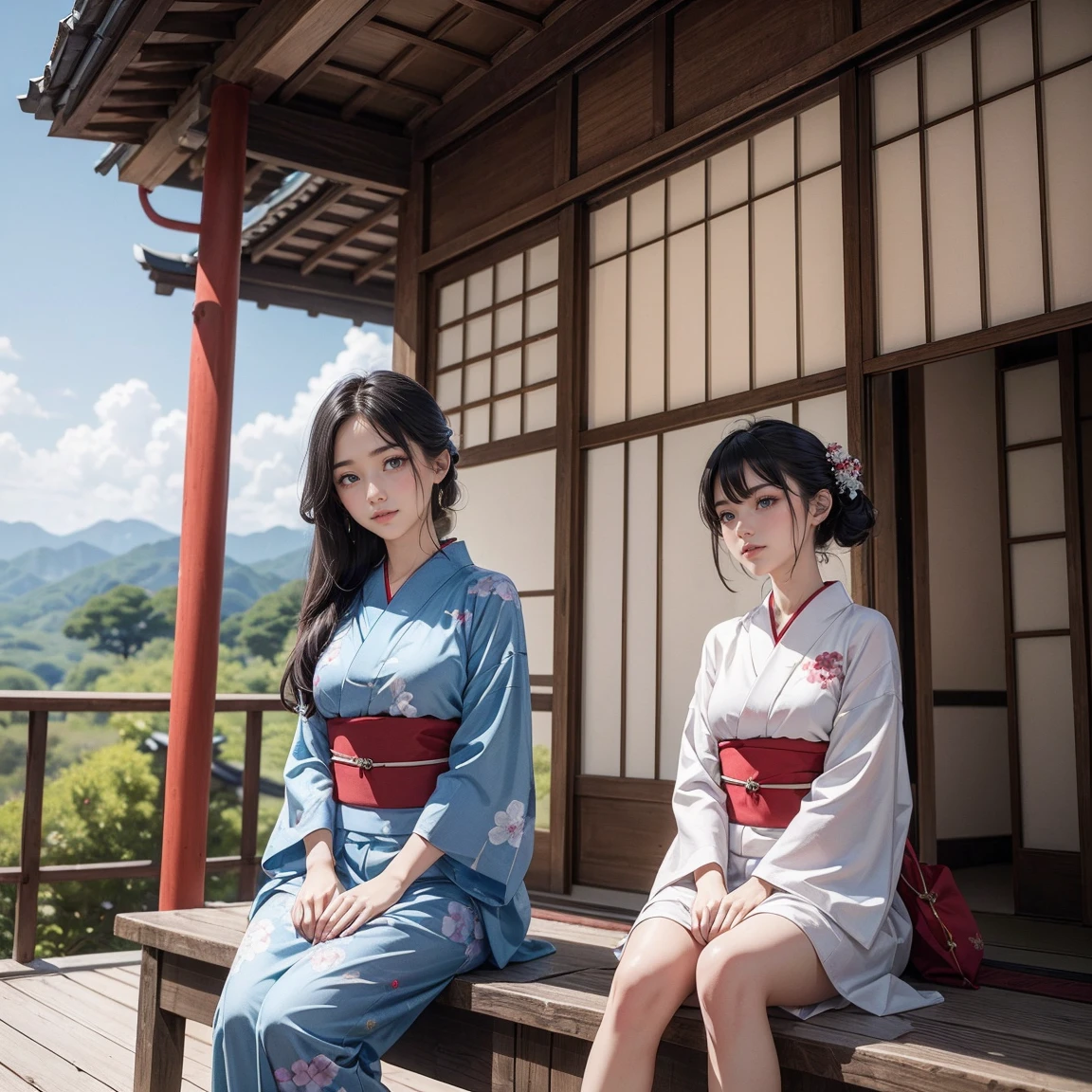 ((最high quality, 8k, masterpiece: 1.3, Ultra HD, high quality, 最high quality, High resolution, realism)) 、Beautiful Japan woman at 22 years old、Straight hair、smile、Slender body、Wear accessories on your wrist、Sitting on the balcony of a Japanese house in the countryside of Japan、Are sleeping、summer、Wind chimes are hanging from the eaves.、barefoot、fan、In front of the balcony is a courtyard.、wear a Yukata