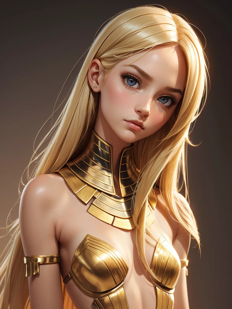 (best quality), 1girl, female, porcelain skin, blonde hair, straight hair, medium hair, swoopy tips, Flipped-up ends, brown eyes, perfect eyes, slender, egyptian mummy, small bust, shy, masterpiece, anatomically correct, highres
