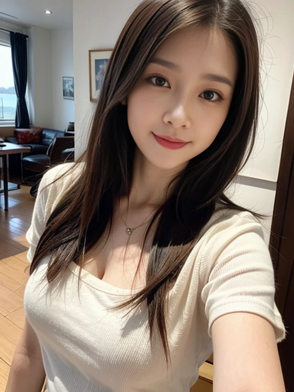 One lady、((best qualtiy、8k masterpieces:1.3))、sharp focus:1.2、(ultra beautiful faces:1.0)、(shinny skin:1.0)、photos realistic、A dark-haired、Video Lighting、High-definition eyes and face、Video Lighting、Japan Idol Actress、from the front side、medium breasts、Smile、Slender Abs Beauty、Whole body、wearing t-shirts、On the beach in the morning