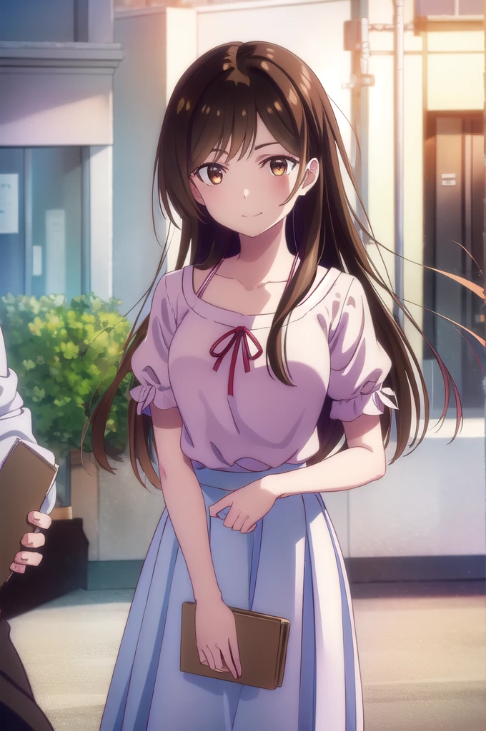 mizuharachizuru, chizuru ichinose, long hair, bangs, brown hair, (brown eyes:1.5), one side up, smile,
BREAK skirt, shirt, short sleeves, puffy sleeves, puffy short sleeves, white skirt, pink shirt,
BREAK outdoors, city, cityscape, crowd, people,
BREAK looking at viewer, (cowboy shot:1.5),
BREAK (masterpiece:1.2), best quality, high resolution, unity 8k wallpaper, (illustration:0.8), (beautiful detailed eyes:1.6), extremely detailed face, perfect lighting, extremely detailed CG, (perfect hands, perfect anatomy),