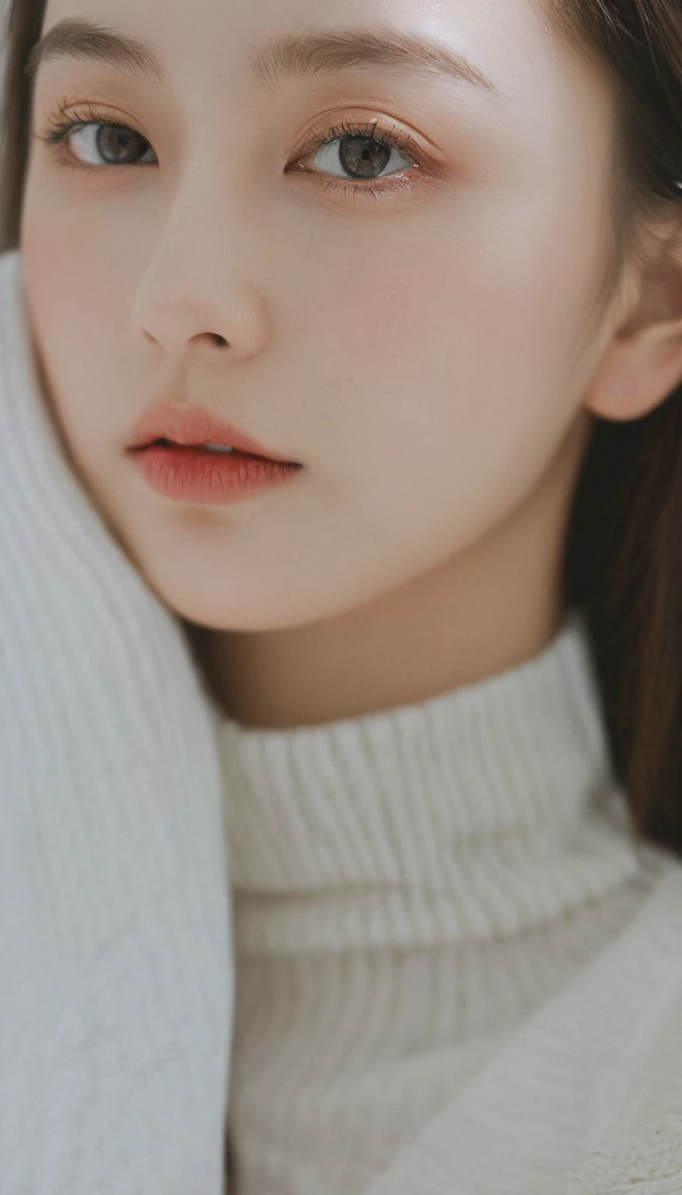 xxmixgirl, Analog Style, Eye focus, Highest quality, (Very detailed skin), Exquisitely beautiful white skin photos, 21 years old, Perfect Face, Captivating eyes, (Seductive makeup: 1.3), Skin pores, (Bokeh:1.5), Sharp focus, Dappled Lighting, (Backlight), Film Grain, (Very detailed, Exquisitely crafted), 8k, High resolution, Front view, Studio Light, Very detailed顔, Fine grain, (double eyelid: 1.4), Aristogle, Brown eyes, (commercial: 1.6), (Seductive makeup), ((White studio background: 2))