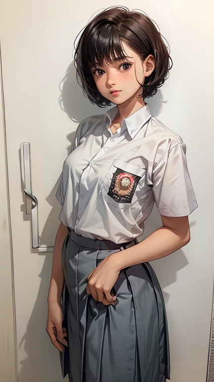 1 woman, , ((curly short haircut)), black eyes, Indonesian high-school uniform, white shirt, osis logo on shirt pocket, medium breasts, grey pleated skirt, half-shot, innocent look