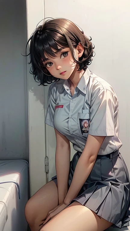 1 woman, , ((curly short haircut)), black eyes, Indonesian high-school uniform, white shirt, osis logo on shirt pocket, medium breasts, grey pleated skirt, half-shot, innocent look