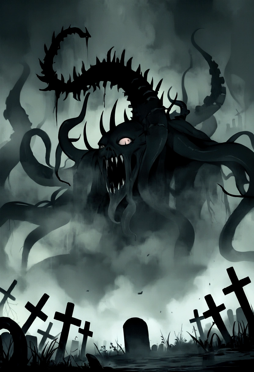 A ghastly creature called Ghostripper, floating in the air with a semi-transparent, ghostly body. It has long, eerie tentacles and razor-sharp fangs. The setting is an ancient, mist-covered graveyard at night, with tombstones and eerie fog swirling around. The creature's presence exudes a chilling, supernatural terror.