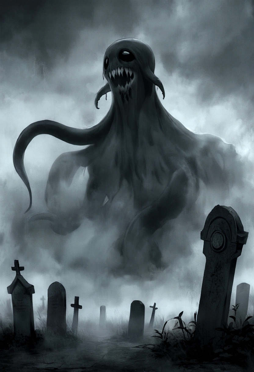A ghastly creature called Ghostripper, floating in the air with a semi-transparent, ghostly body. It has long, eerie tentacles and razor-sharp fangs. The setting is an ancient, mist-covered graveyard at night, with tombstones and eerie fog swirling around. The creature's presence exudes a chilling, supernatural terror.