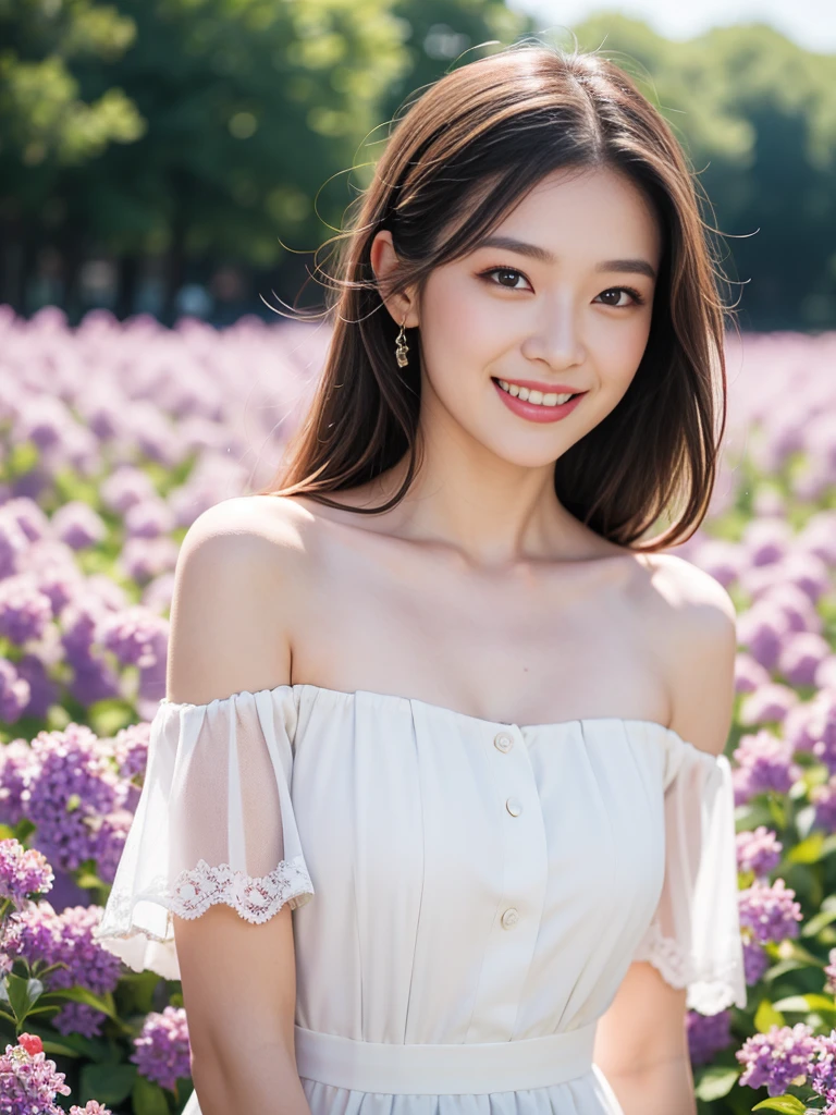 Best quality, masterpiece, ultra high res, (photorealistic:1.4), raw photo, 1girl, white dress, off shoulder, blossom violet flower field, glowing skin, light smile