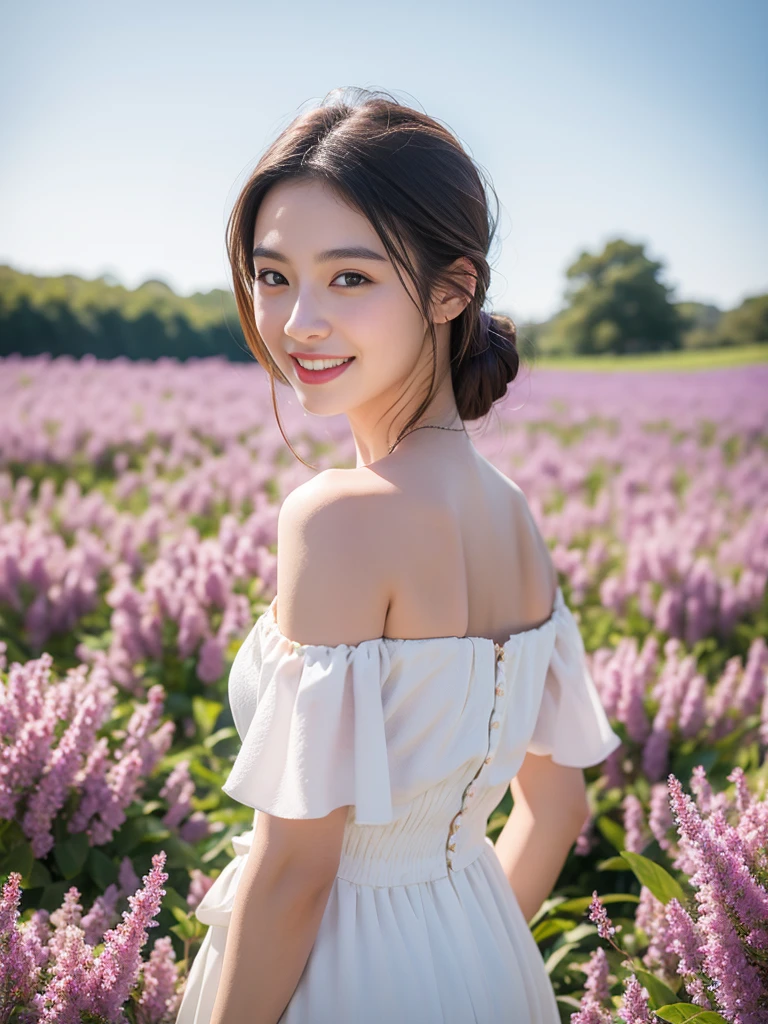Best quality, masterpiece, ultra high res, (photorealistic:1.4), raw photo, 1girl, white dress, off shoulder, blossom violet flower field, glowing skin, light smile