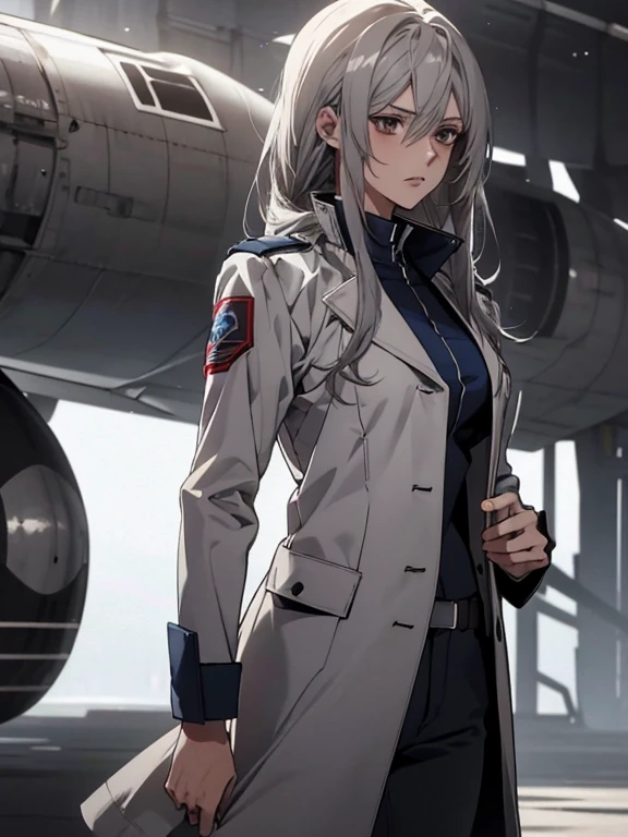 (Confused, High resolution, Very detailed), 1 female, Silver Hair,Long Hair,Reddish brown eyes,White and blue pilot suit,White long coat,Navy blue skinny pants,24th generation,beauty,mature,thin,quiet,Calm,Hangar,talk,Intimidation,Unpleasant,Annoying,White long coat,