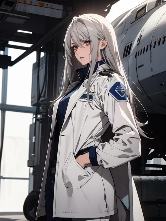 (Confused, High resolution, Very detailed), 1 female, Silver Hair,Long Hair,Reddish brown eyes,White and blue pilot suit,White long coat,Navy blue skinny pants,24th generation,beauty,mature,thin,quiet,Calm,Hangar,talk,Intimidation,Unpleasant,Annoying,White long coat,