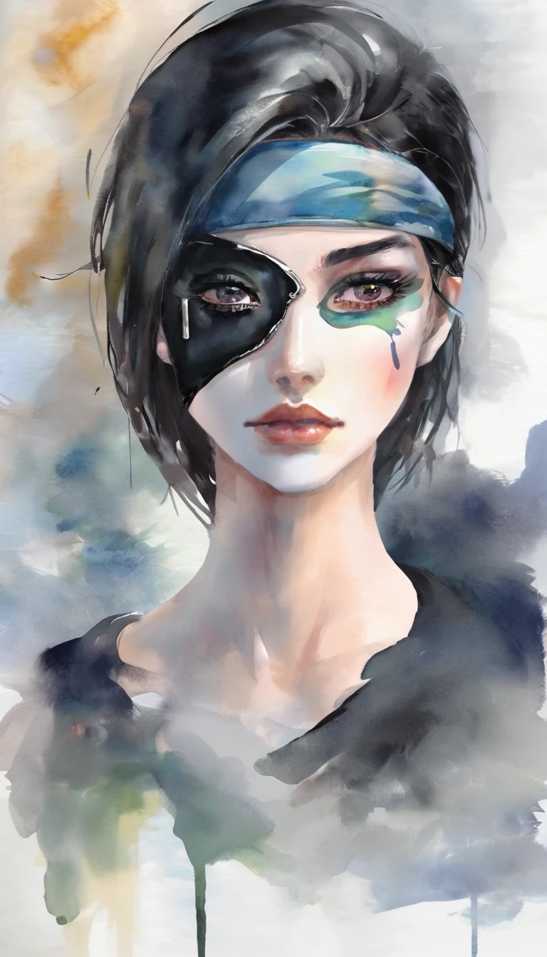 beautiful face with black one eye patch, only one eye, full eyepatch, watercolor painting, soft brush, fantasy art, abstract, dal, 