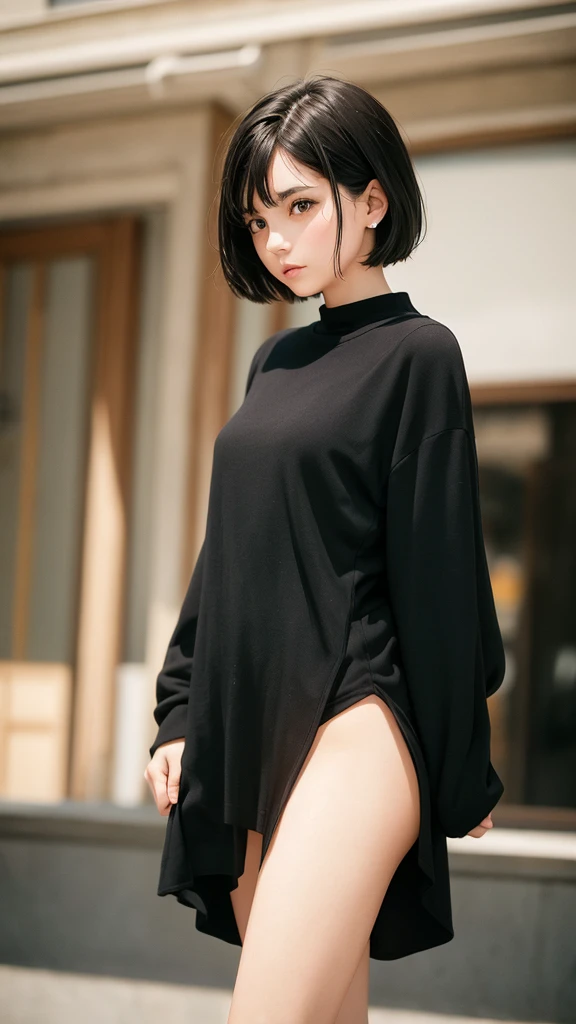 a italian girl , beautiful girl , short black hair , out of focus background , sort of highlights , warm tones , , half body shot , dramatic lighting technique, neutral expression top lit , black clothes 35mm film film still maximal