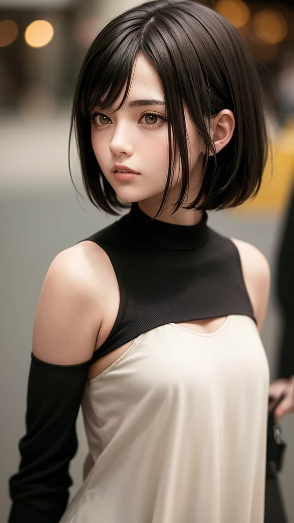 a italian girl , beautiful girl , short black hair , out of focus background , sort of highlights , warm tones , , half body shot , dramatic lighting technique, neutral expression top lit , black clothes 35mm film film still maximal