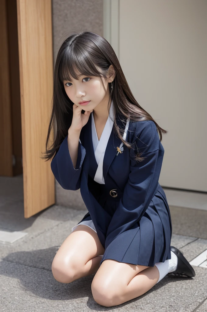 best quality, detailed, beautiful, insanely detailed, absurdres,perfect anatomy, Japanese woman,black hair,27 years old, (slender), (small breasts), cheerful, sitting, hair over one eye, flipped hair, (gray business suit, white skirt),(white panties:1.1),(Looking at the camera, squatting with legs spread:1.4, hands on knees, beautiful inner thighs, panties shot:1.4), (View from below:1.3)