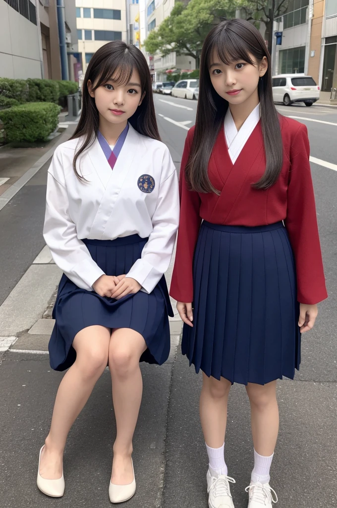 (masterpiece、high resolution、high quality),(Japanese women、13 years old、middle School girls)、(Accurate anatomy,Beautiful body)、, Put your hands forward from both feet, Put both feet in the circle of hands, Quite embarrassing, White panties, Beautiful feet, Tight Skirt, 90 degree knee, Place your heels on the ground, Hands in front of feet, Hold my feet, Kneel, paved, RAW Photos, In 8K, 最high quality, Ultra-high resolution, Beautiful face details, Real human skin, Gentle expression, Front view, Angle from below, Long Hair, Realistic, Realistic, cute, Short skirt, Lurking deep in the city, cute中学, (Japanese Uniform, Japanese Uniformを着て), Full Body Lesbian,