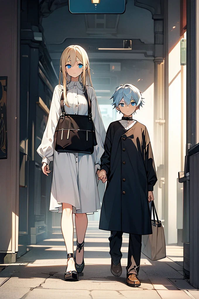 The girl has long blue domain white hair with the boy has blonde hair and his eyes is a brown standing side by side carrying bags 