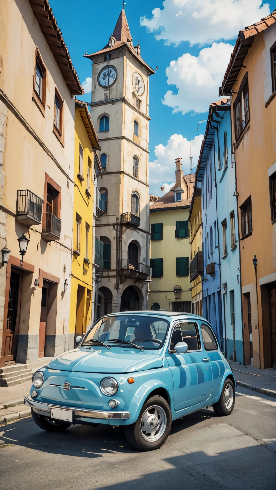 (masterpiece:1.2, Highest quality),(Very detailed),(((Anime Style))),8k,wallpaper,Fiat 500,Run,city,blue sky,(((Ghibli style))),Beautiful illustrations