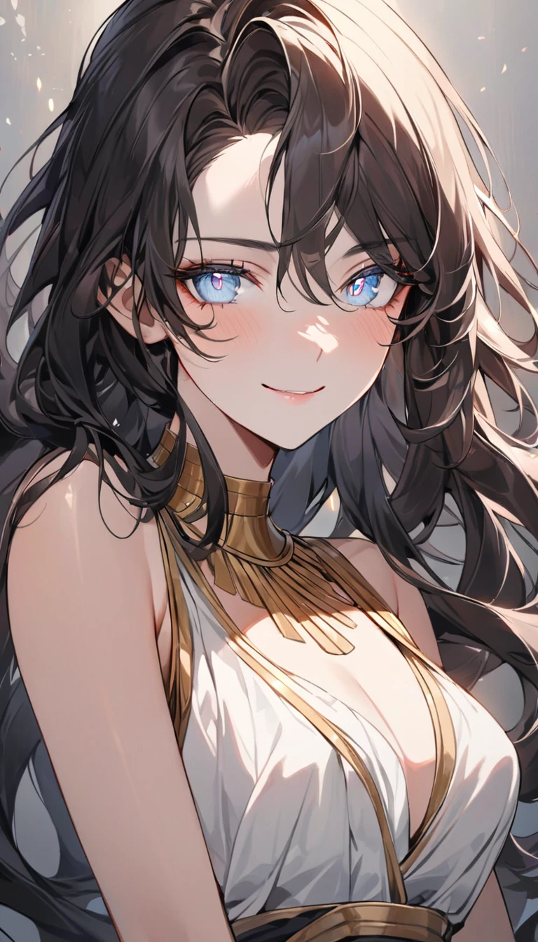 (high-quality, breathtaking),(expressive eyes, perfect face) 1girl, female, solo, young adult, dark color hair, tanned skin, pale light blue eye color, long hair length, black dress with gold trim, tunic, Greek Goddess, Ancient Greek Dress, Greek Clothes, Symmetrical Eyes, positive expression, elegant, mature, beautiful, soft smile, SunsetHuman, collar, grey background, white skin, long dark hair, beautiful face,smiling,close up upper body, moderate breast, (open mouth:0.4),illustration,detailed textures(realists),ultra-detailed,portrait style,vivid colors,soft lighting, blushing, mature, no bras, full body, white skin