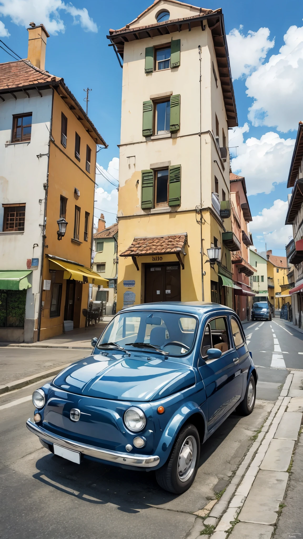 (masterpiece:1.2, Highest quality),(Very detailed),(((Anime Style))),8k,wallpaper,Fiat 500,Run,city,blue sky,(((Ghibli style))),Beautiful illustrations