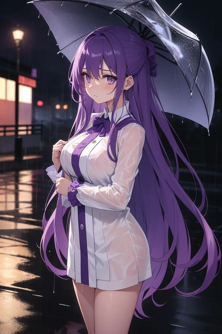 1women, wearing wet frock, wet due to rain, dress became transparent duu to rain, at outside, (bra and panty visible through wet dress), dark purple color medium length hair, purple colour eyes, 8k, high detailed, high quality
