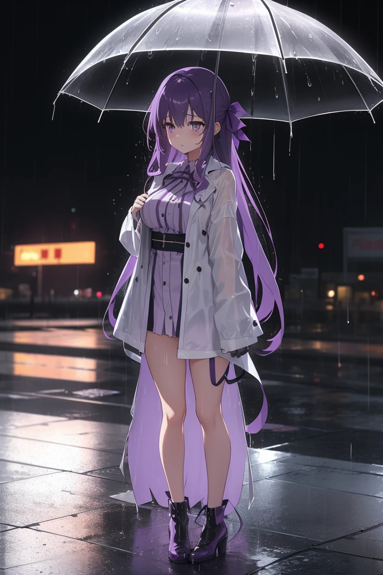 A girl, long purple hair, breast enhancement, standing in the rain, sad, white, idol costume, ribbon, her hair and clothes are soaked from the rain, rainy cityscape, with raindrops falling around her. The overall mood is melancholic but serene.