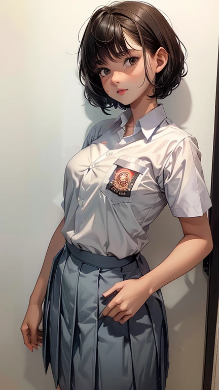 1 woman, 16 years old, ((curly short haircut)), black eyes, Indonesian high-school uniform, white shirt, osis logo on shirt pocket, medium breasts, grey pleated skirt, half-shot, innocent look