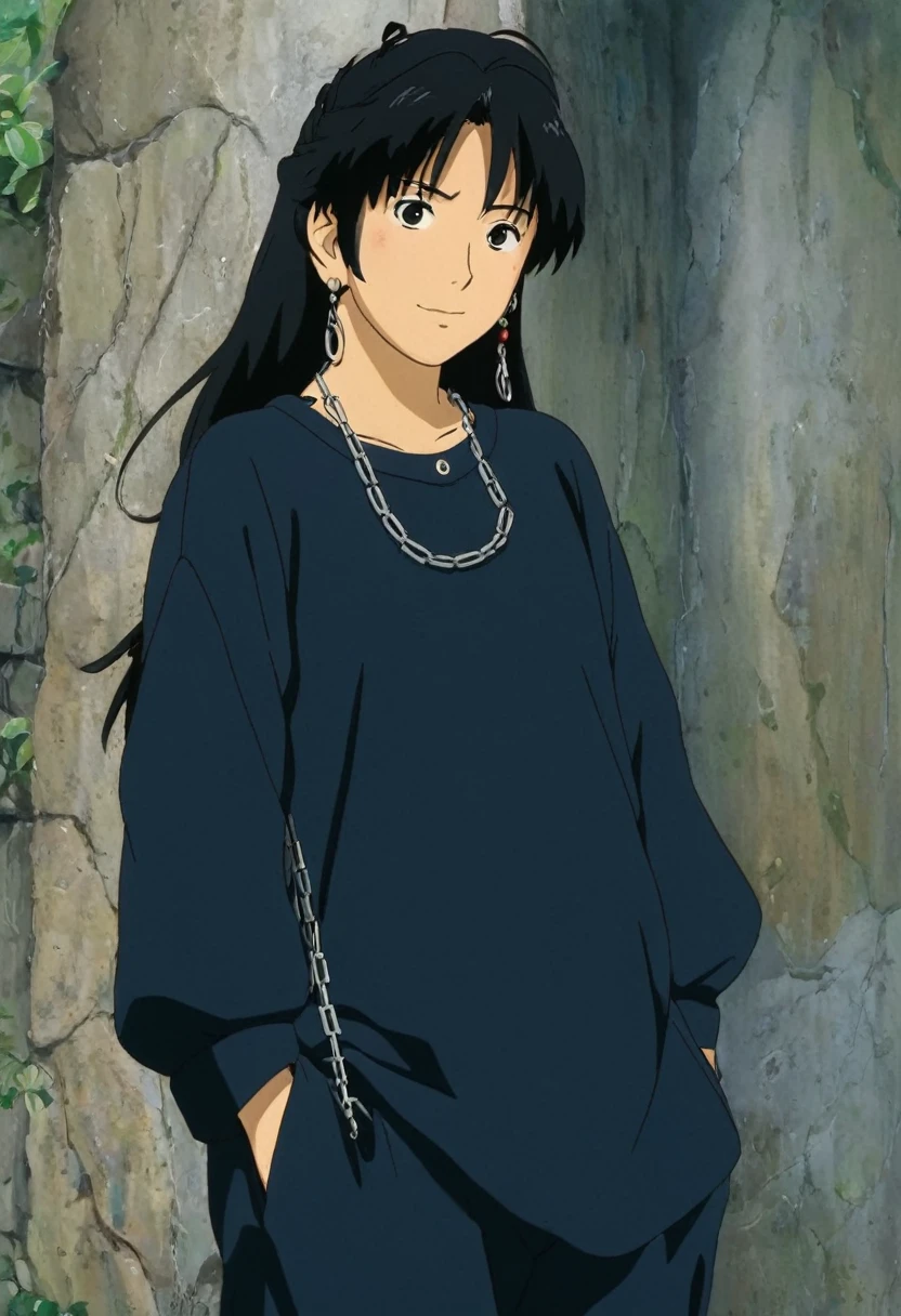 A Ghibli's studio character. With messy black hair and dark large clothes. she wear very noticeable earrings. She is chained 