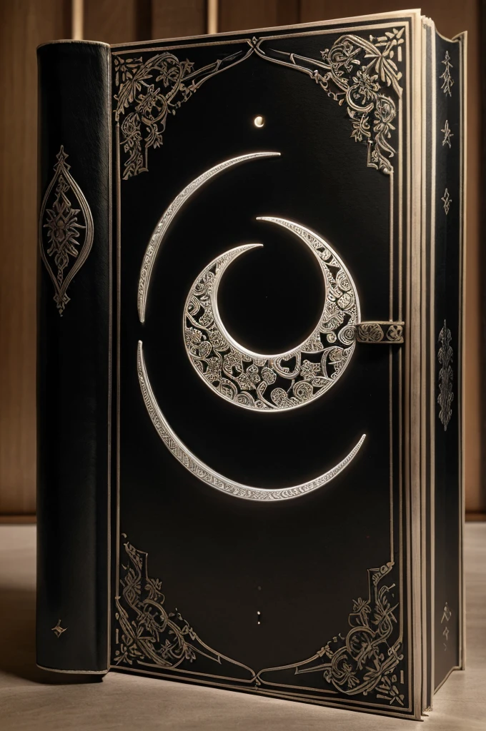 A large, ebony-bound book with an intricate, silver inlay depicting a crescent moon and shadowy tendrils. The pages appear blank under normal light but glow with ghostly scripts under the moonlight.
