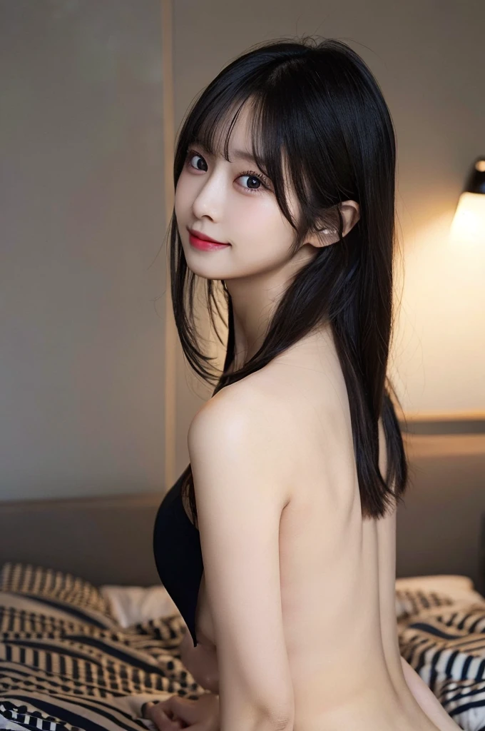 nsfw、Big Tits、(back pose:1.3) 、Completely naked、 (back view:1.3)、Looking over your shoulder at the camera、double eyelid、Highest quality, shape, Very detailed, Fine details, High resolution, 8k, Perfect dynamic composition, Beautiful details, ,Natural color lip, A shy smile,Beautiful 20 year old woman、The only person, Cute type、Long Black Hair、On the bed、whole body、nude、Glamorous body、Big Ass