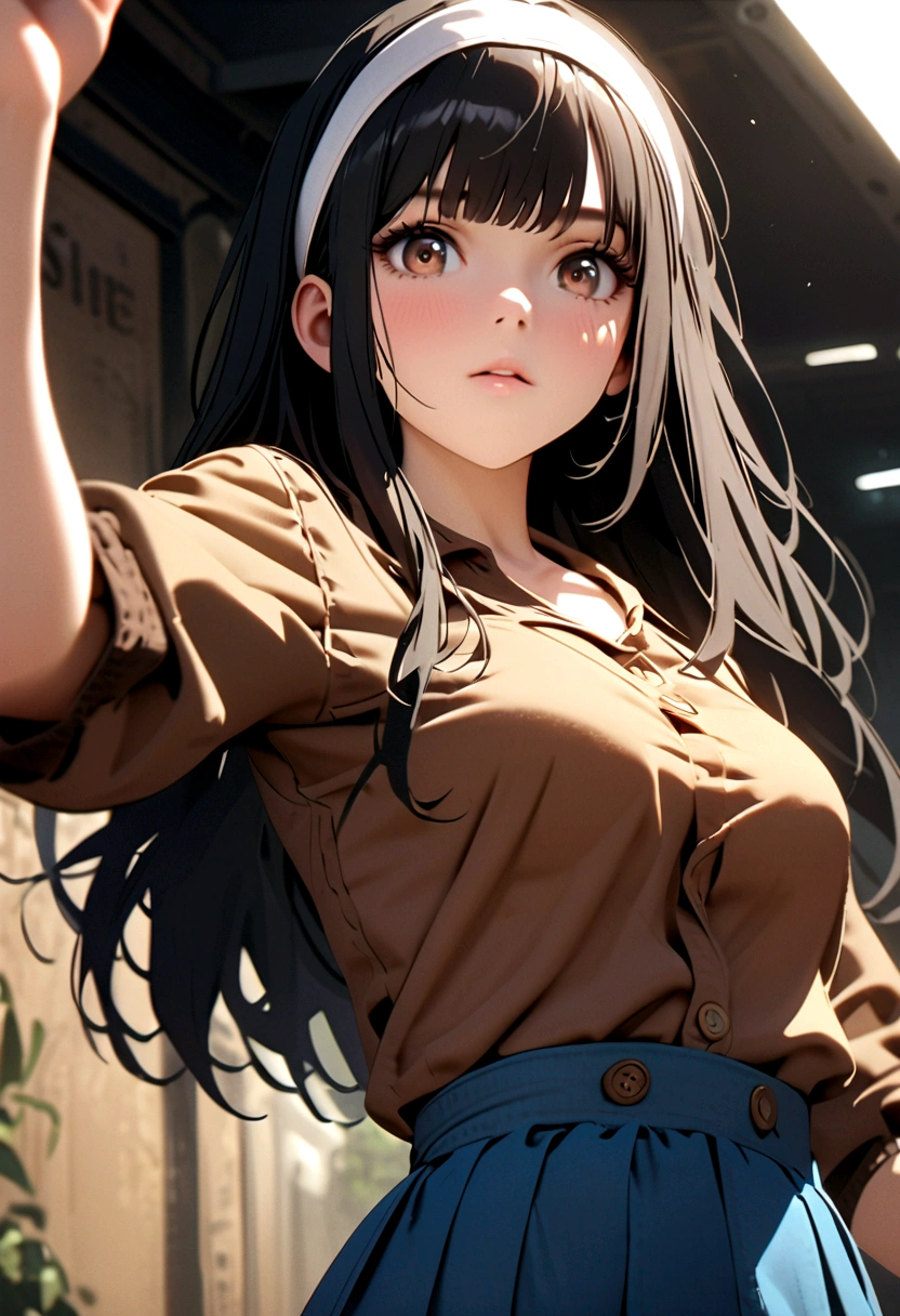 A beautiful girl with long black hair with bangs wearing a brown polo and blue skirt and a white headband over her head