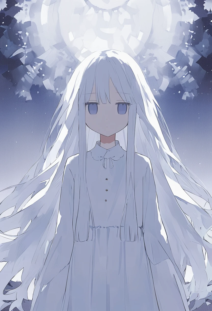 Anime Style、white色、white、Girl、white色の髪、髪がwhite、Long Hair、目の色はwhite色、whiteい目、目がwhiteい、whiteい瞳、white色の目、目の色が全てwhite、全体的にwhite色のGirl、white色のGirl、背景がwhite、white色の背景、white色の部屋、Emotionless、Expressionless