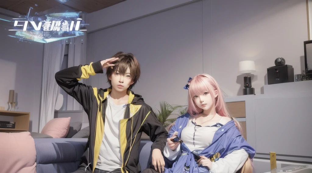anime characters in a living room with a tv and a couch