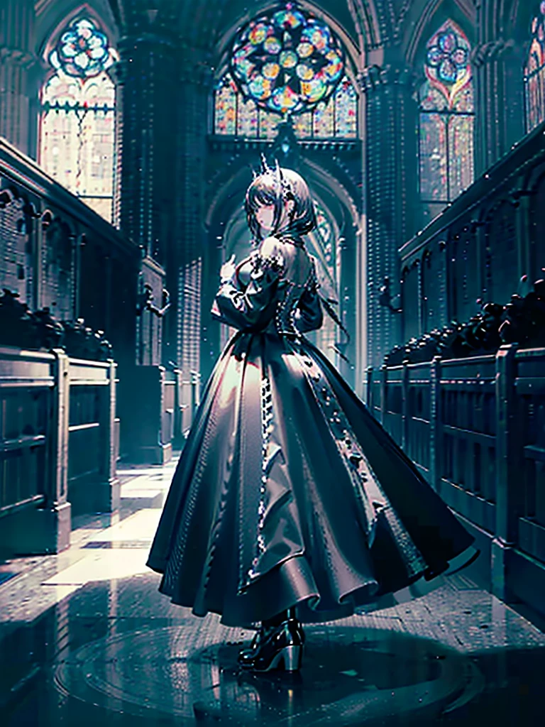Black statue of Young woman with wings in big black dress, coal statue, made of coal, black wing, in big gothic church, evil, spooky, magic, epic