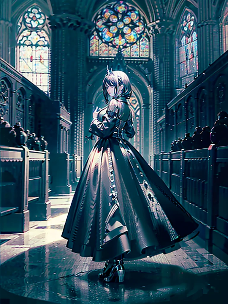 Black statue of Young woman with wings in big black dress, coal statue, made of coal, black wing, in big gothic church, evil, spooky, magic, epic